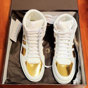 Gucci Men Leather White / Gold Hi-Top Sneaker 9.5